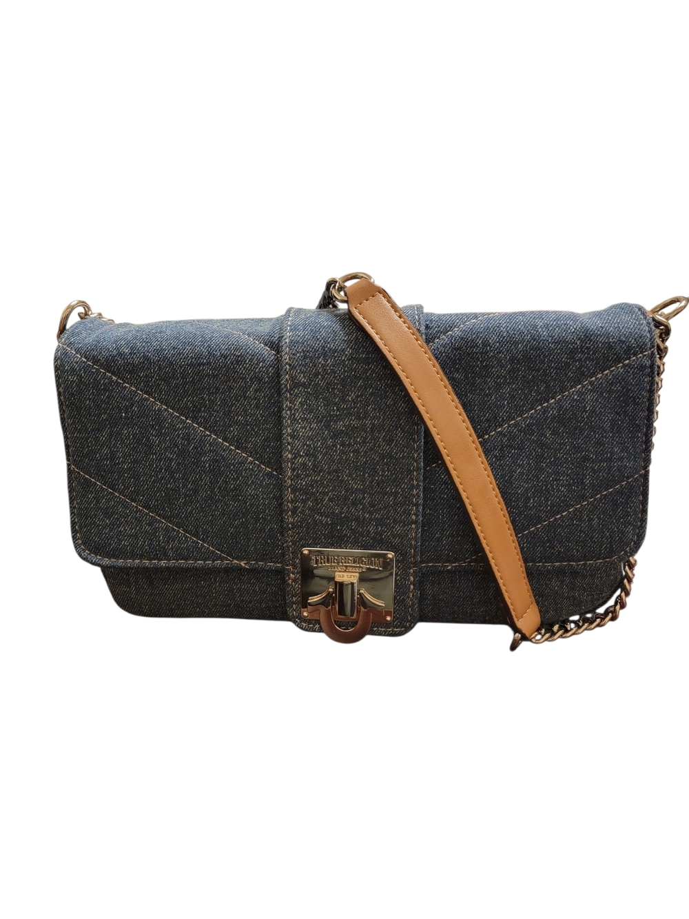 True Religion Quilted Denim Shoulder Bag with Tan Strap